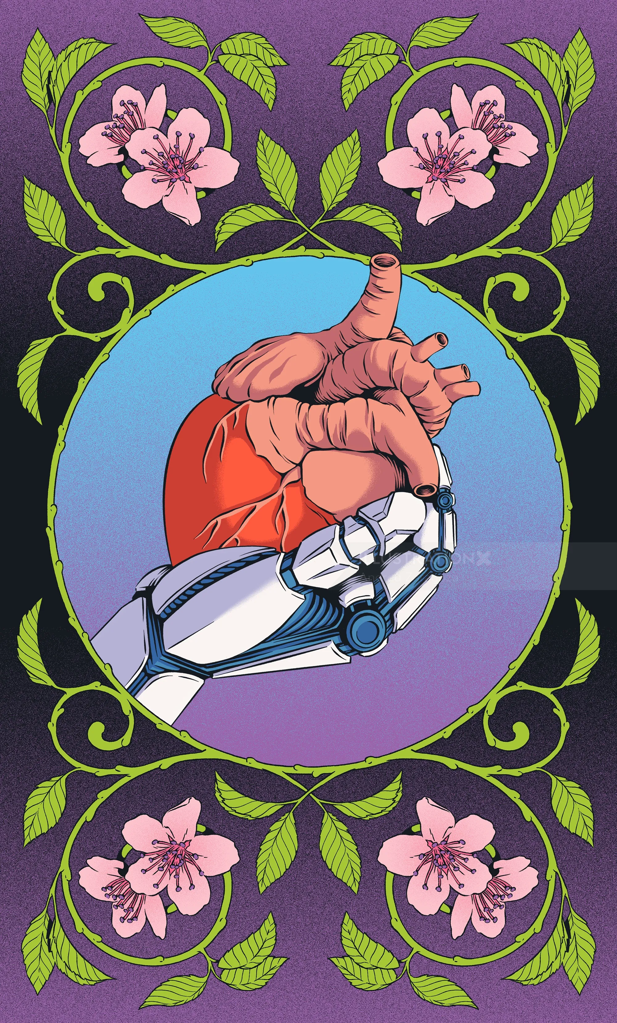 Illustration shows a human heart held by a robotic arm with floral decoration by Andreu Zaragoza