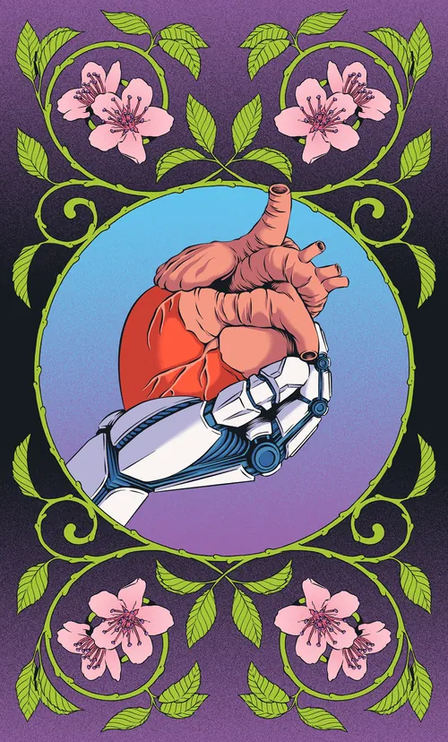 Illustration shows a human heart held by a robotic arm with floral decoration by Andreu Zaragoza