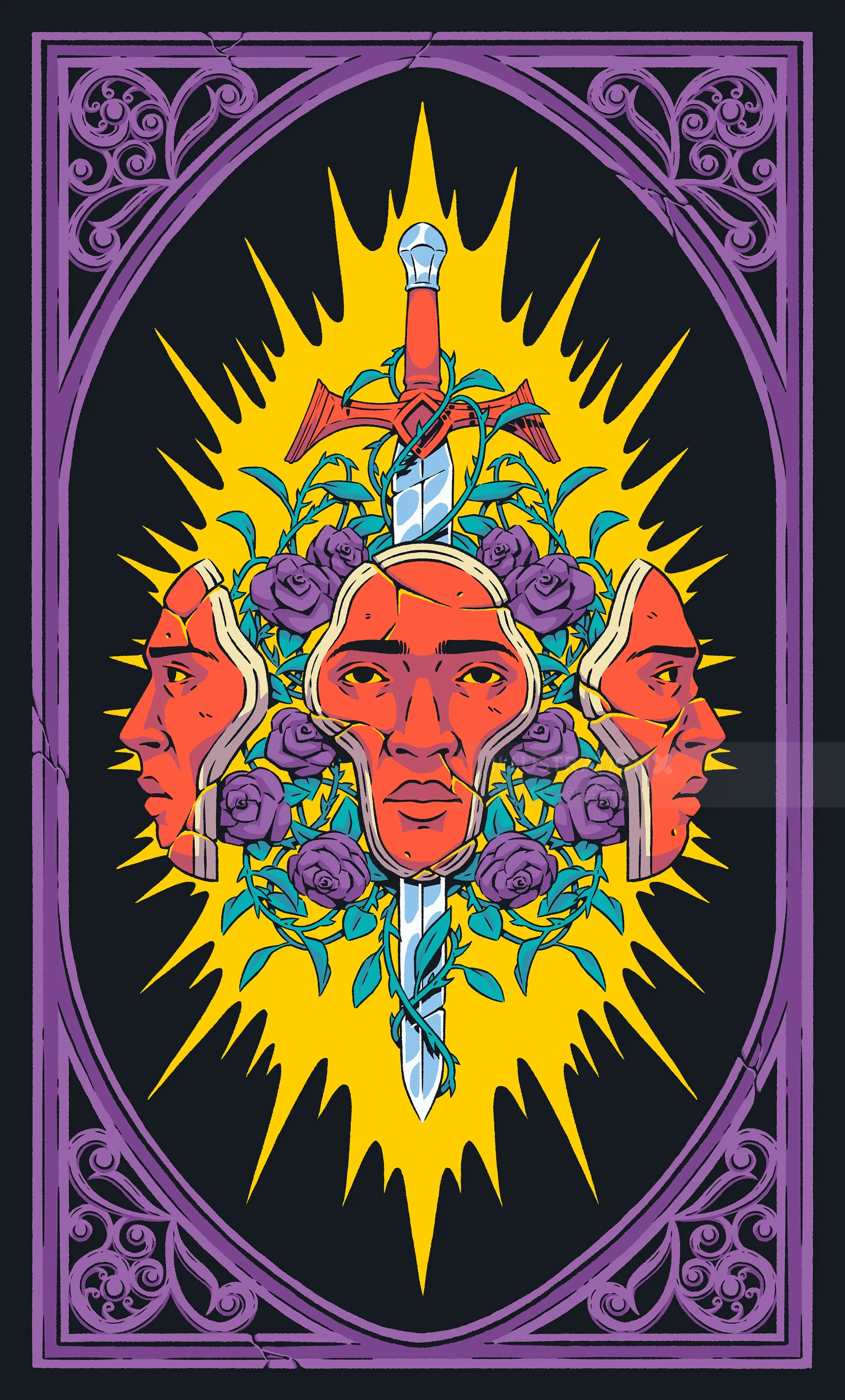 Illustration of a three-faced head, dagger, and roses by Andreu Zaragoza