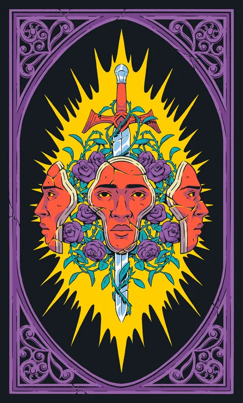 Illustration of a three-faced head, dagger, and roses by Andreu Zaragoza