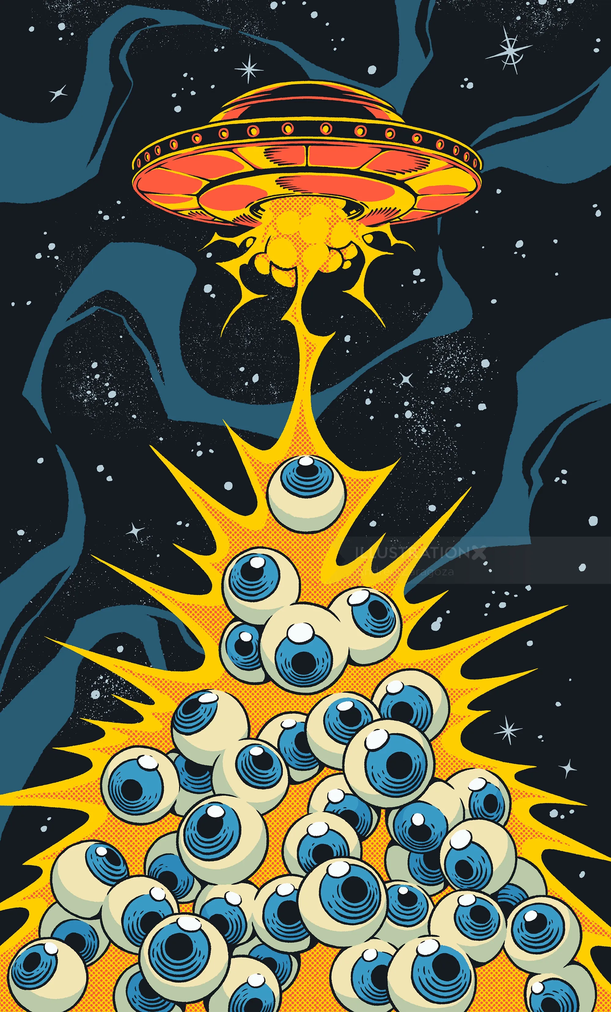 UFO beaming down onto large pile of blue eyeballs in space by Andreu Zaragoza