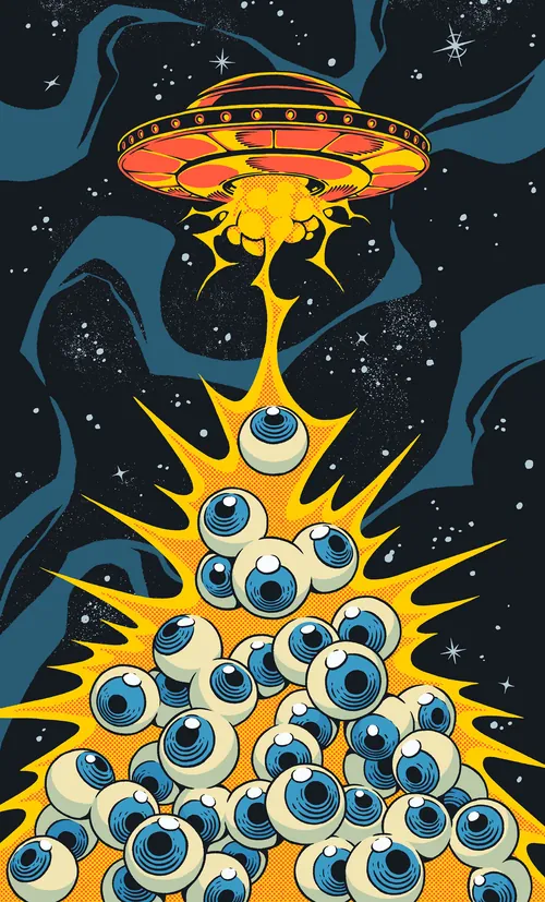 UFO beaming down onto large pile of blue eyeballs in space by Andreu Zaragoza