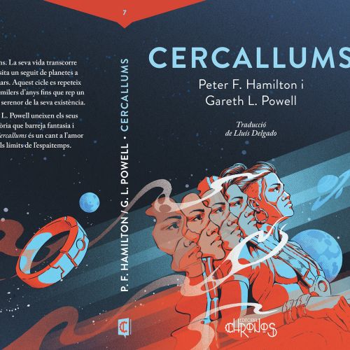 Cover illustration for Cercallums by Andreu Zaragoza featuring cosmic and human elements