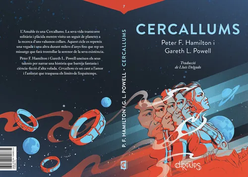 Cover illustration for Cercallums by Andreu Zaragoza featuring cosmic and human elements