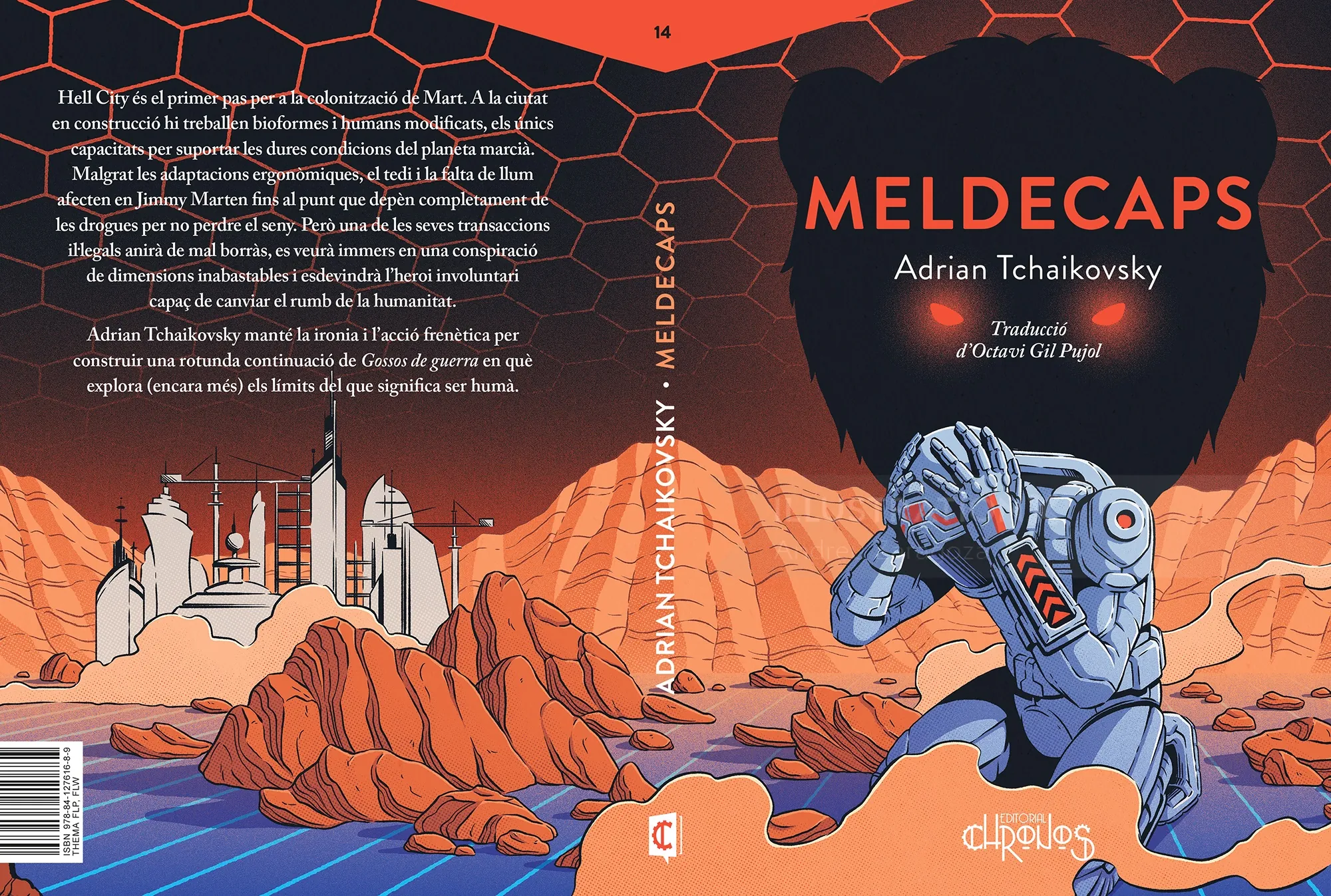 Cover illustration of Meldecaps book by Adrian Tchaikovsky, featuring futuristic landscape and robot