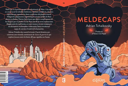 Cover illustration of Meldecaps book by Adrian Tchaikovsky, featuring futuristic landscape and robot