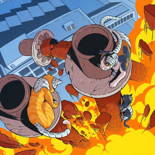 Dynamic explosive scene with giant robotic arms in city by Andreu Zaragoza