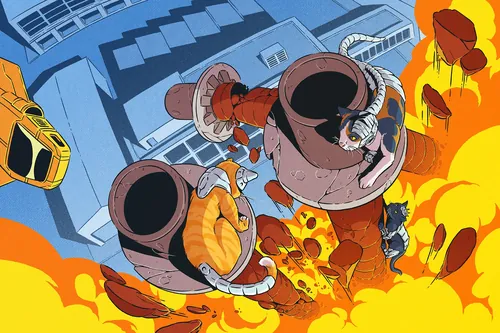 Dynamic explosive scene with giant robotic arms in city by Andreu Zaragoza