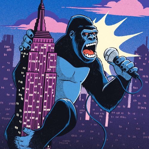 Illustration of a gorilla holding Empire State Building singing in cityscape by Andreu Zaragoza