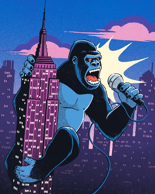 Illustration of a gorilla holding Empire State Building singing in cityscape by Andreu Zaragoza