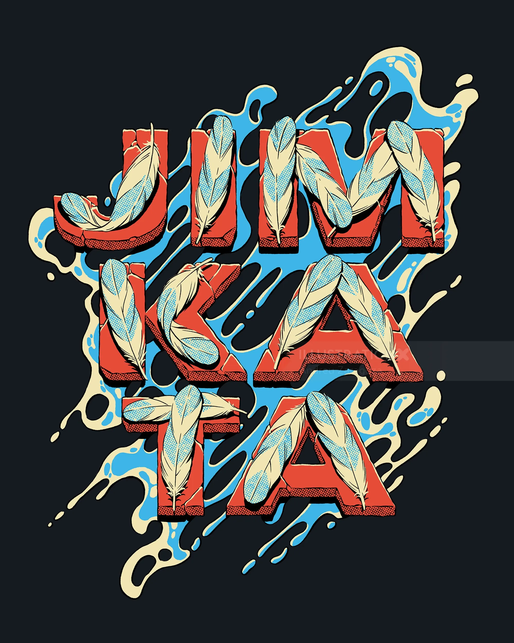 Jimkata text with blue and red graphic design by Andreu Zaragoza