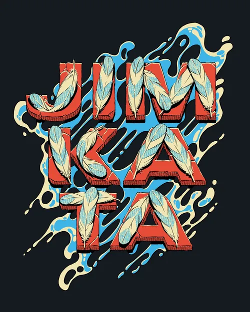 Jimkata text with blue and red graphic design by Andreu Zaragoza