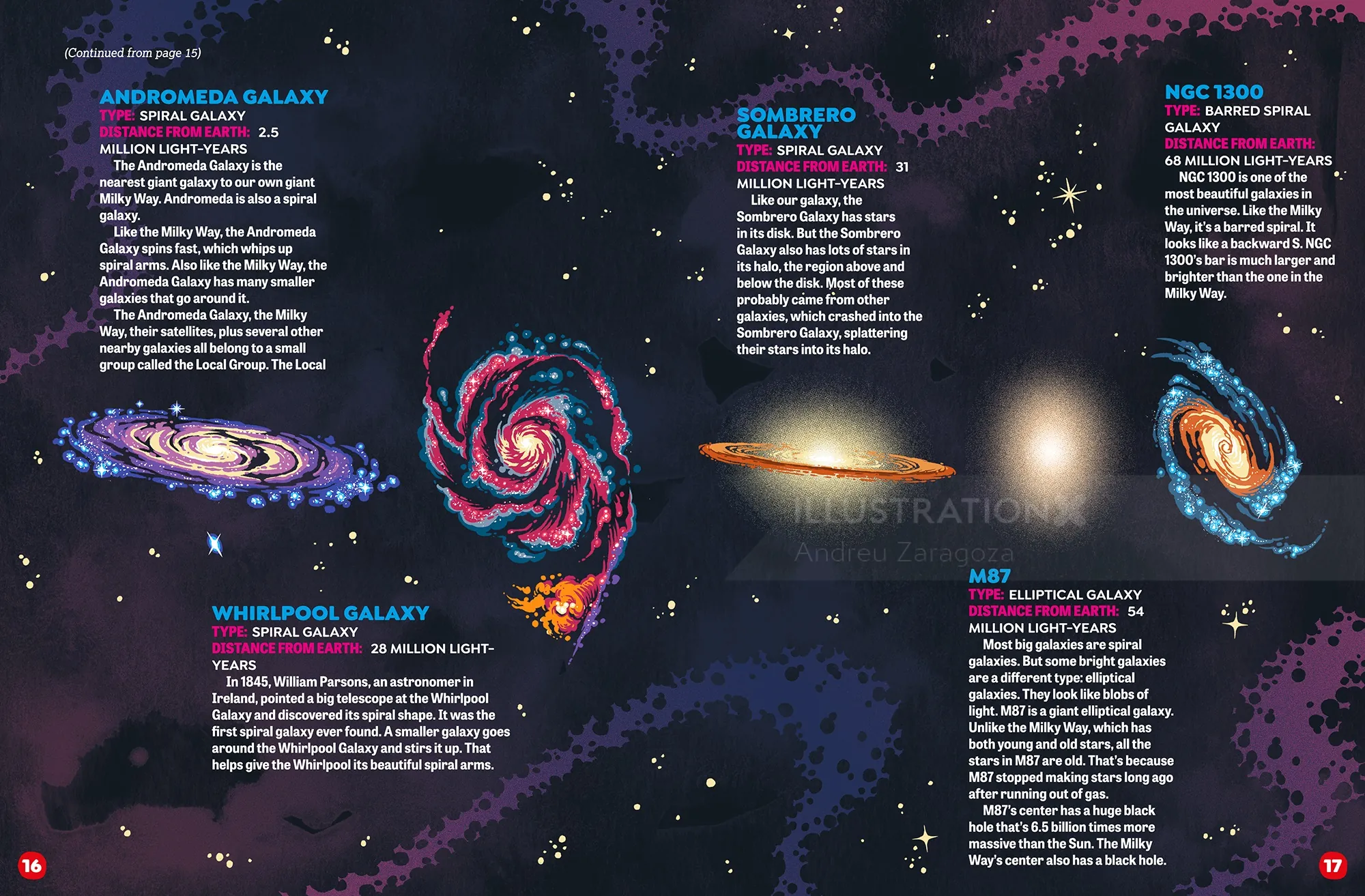 Colorful spiral galaxy illustrations in space by Andreu Zaragoza