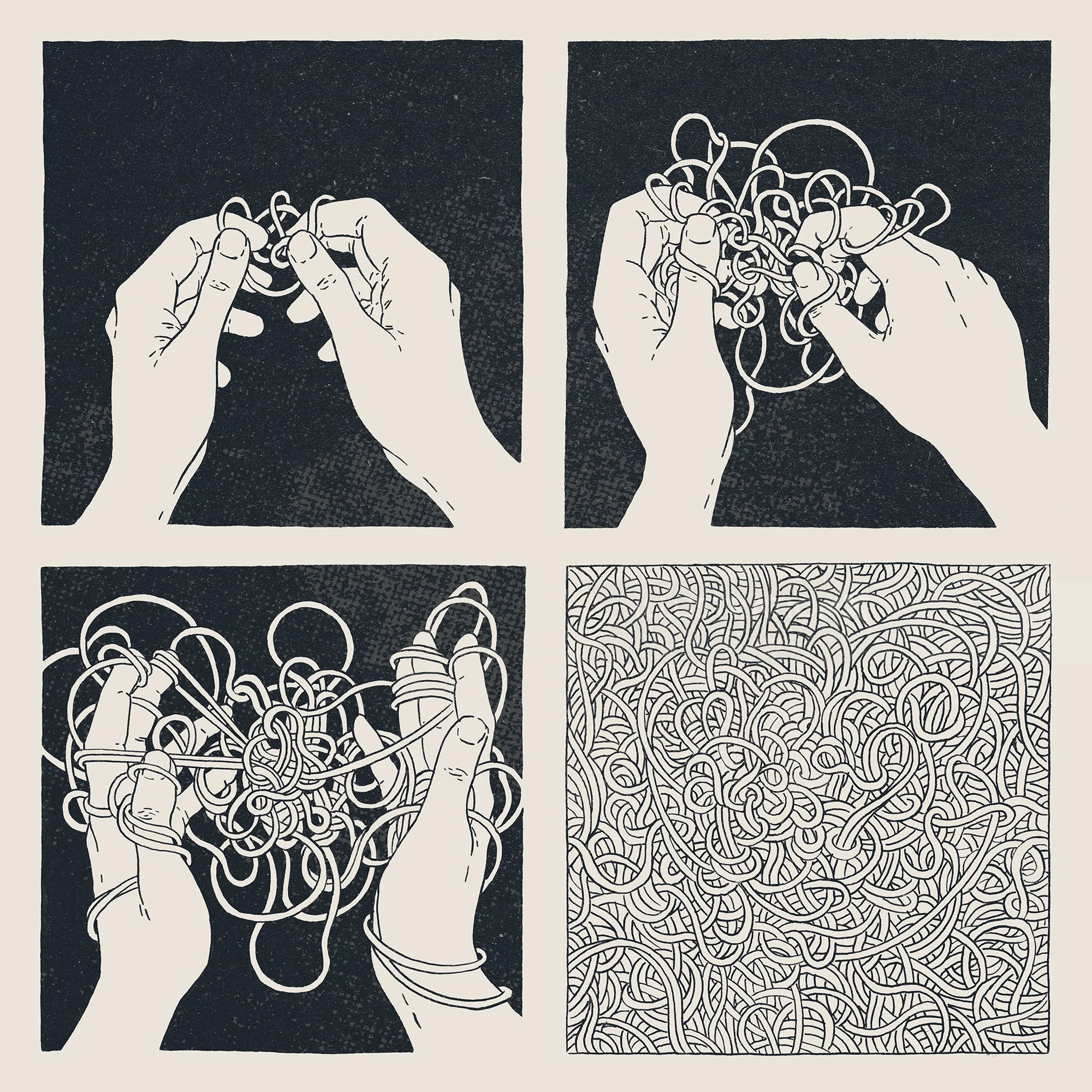 Hands struggling to untangle cords, artwork by Andreu Zaragoza