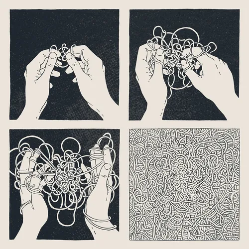 Hands struggling to untangle cords, artwork by Andreu Zaragoza