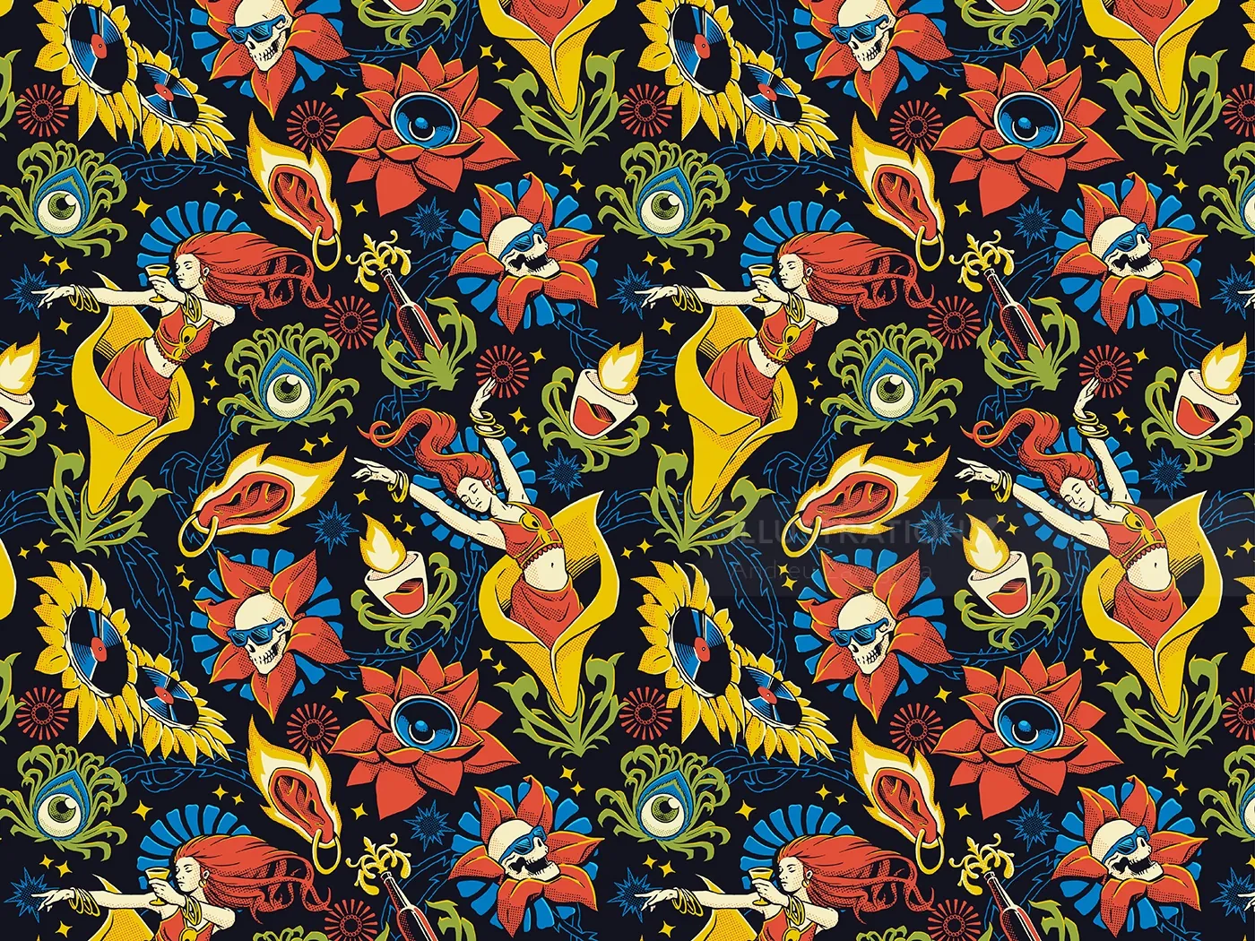 Vibrant floral pattern with eyes and hands by Andreu Zaragoza