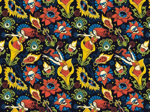 Vibrant floral pattern with eyes and hands by Andreu Zaragoza