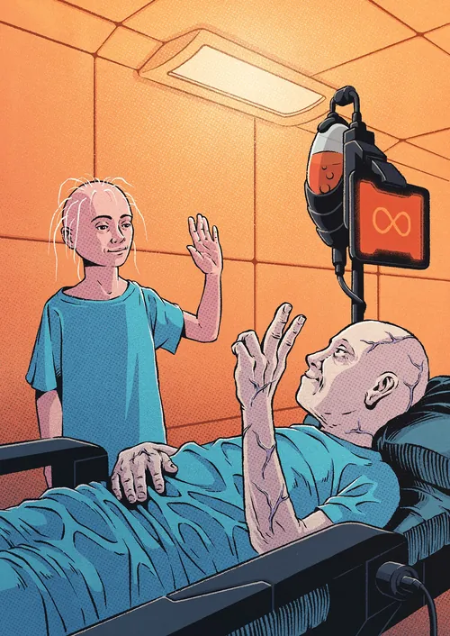 Elderly patient and visitor in sci-fi hospital room, illustration by Andreu Zaragoza