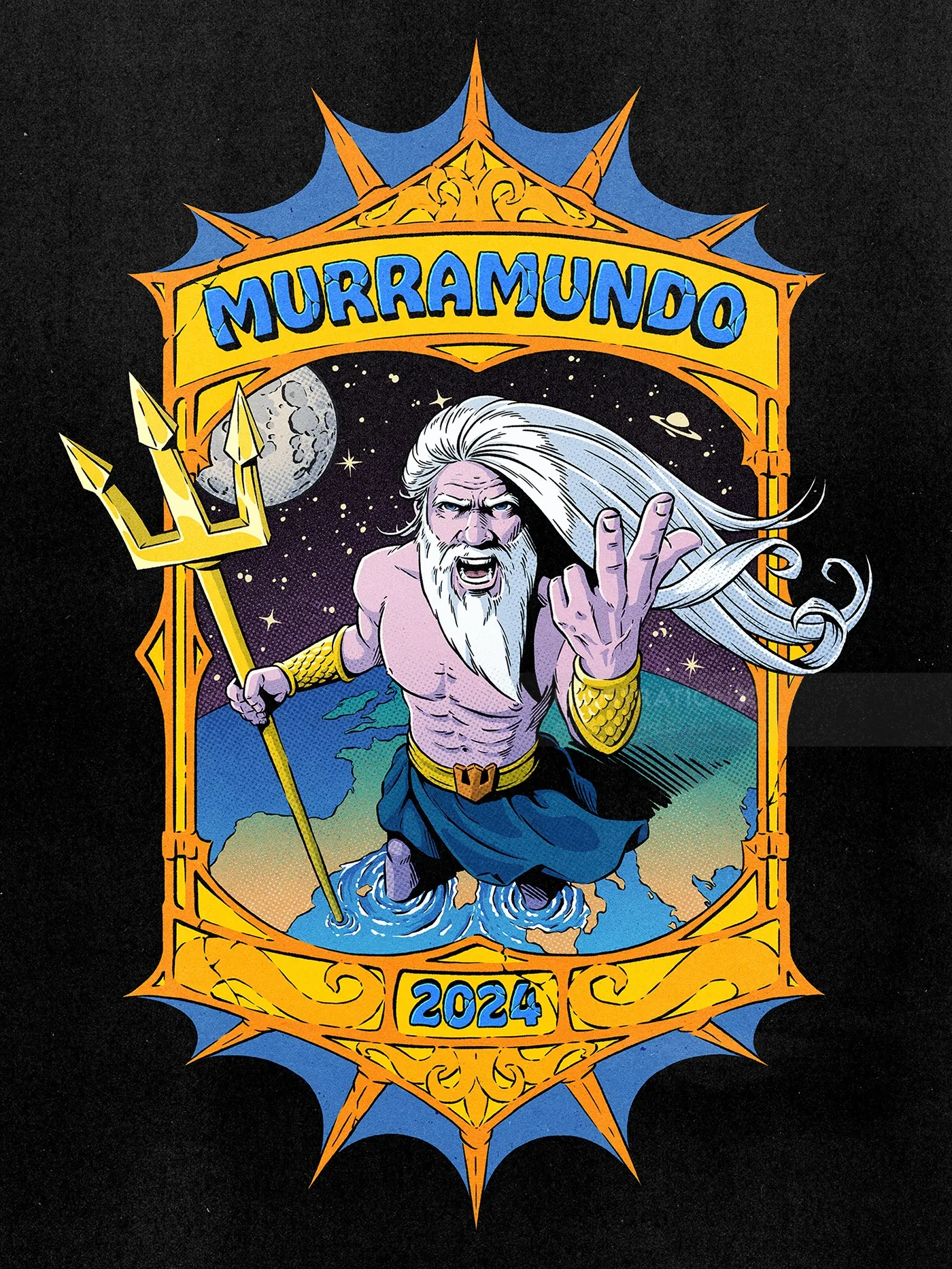 Illustration of Neptune holding trident for Murramundo 2021 Morra event by Andreu Zaragoza