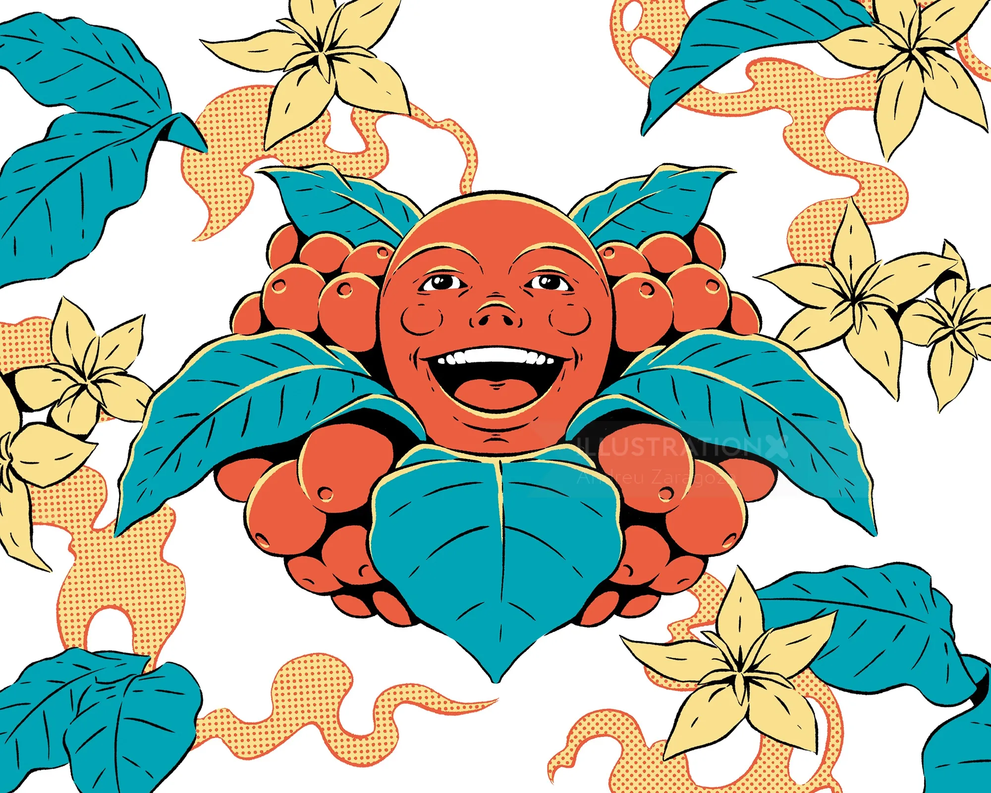 Colorful illustration of happy coffee cherry character and leaves by Andreu Zaragoza