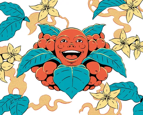 Colorful illustration of happy coffee cherry character and leaves by Andreu Zaragoza
