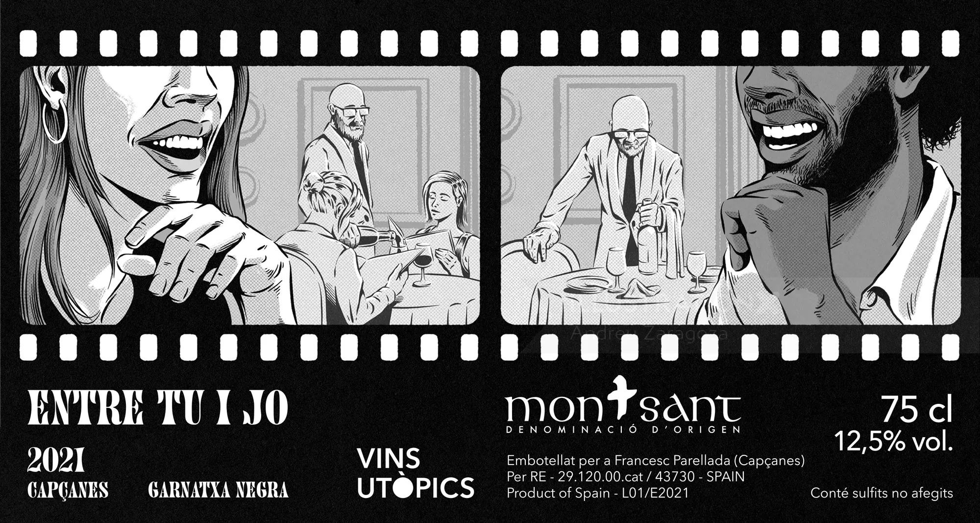 Label of Entre Tu I Jo natural wine by Vins Utòpics with black and white illustrations by Andreu Za