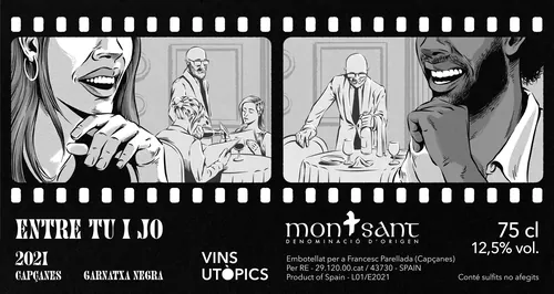 Label of Entre Tu I Jo natural wine by Vins Utòpics with black and white illustrations by Andreu Za