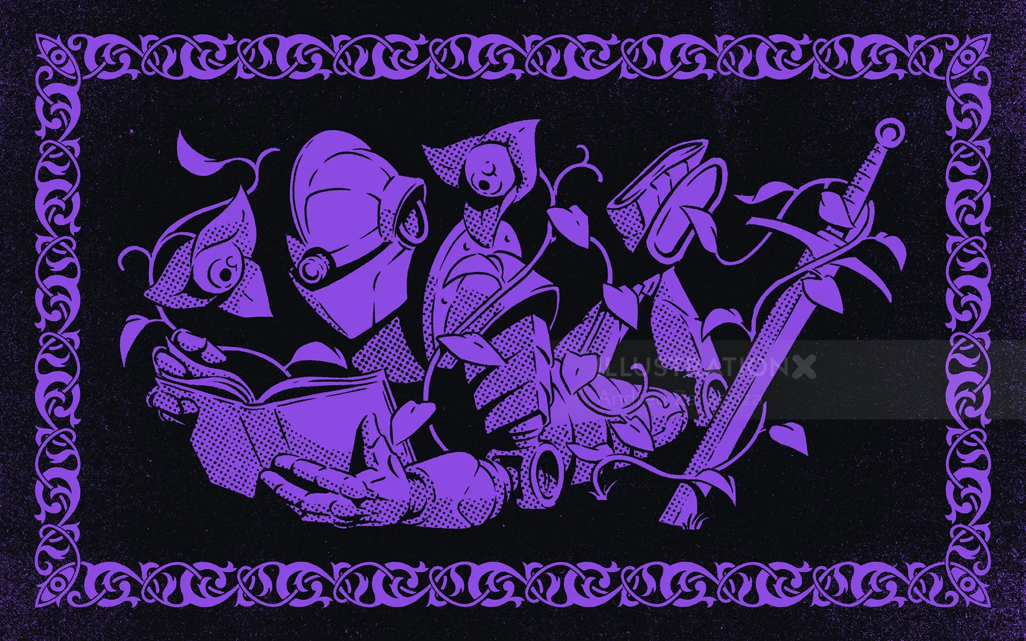 Surreal figures and sword in purple tones by Andreu Zaragoza