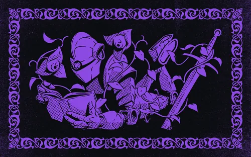 Surreal figures and sword in purple tones by Andreu Zaragoza