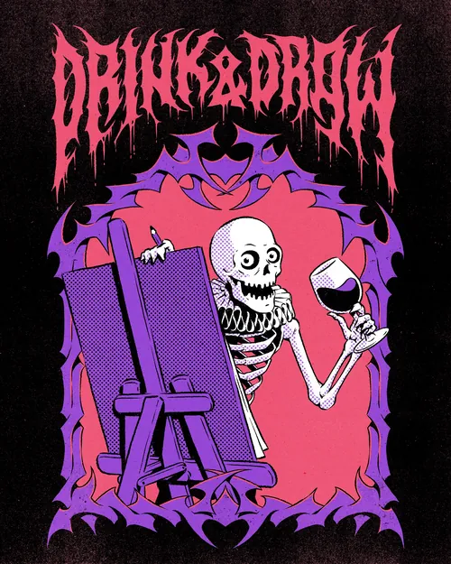 Skeleton holding wine glass painting on canvas by Andreu Zaragoza