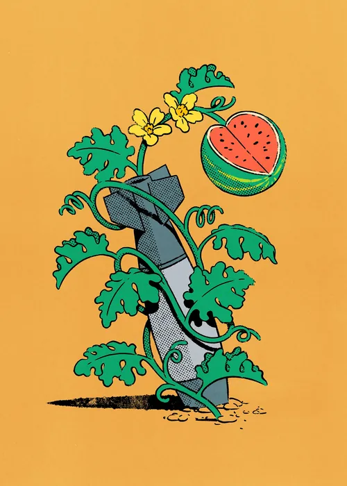 Colorful poster with watermelon plant growing from can, by Andreu Zaragoza