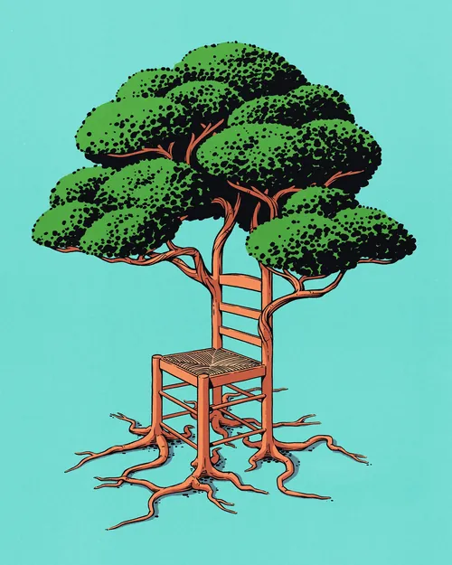 Illustration of a chair seamlessly integrated into a tree trunk by Andreu Zaragoza