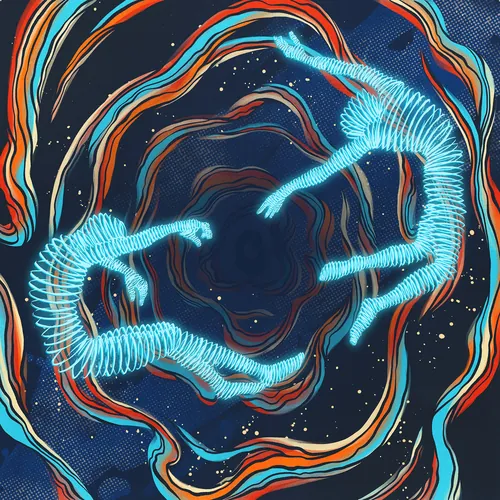 Psychedelic pop art with two glowing blue skeletons swirling, by Andreu Zaragoza