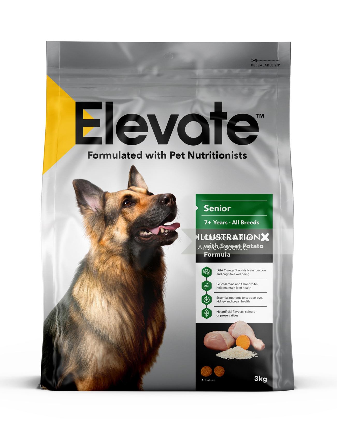 Elevate' Pet food range packaging