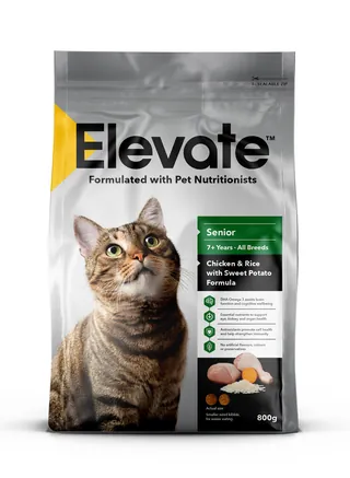 Elevate senior cat food bag with tabby cat image by Andrew Beckett