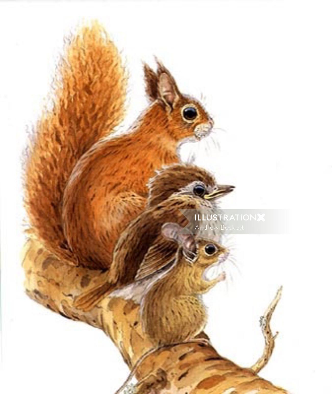Pájaro y conejos en la ilustración de rama de árbol