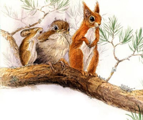 Pintura em aquarela de coelho, rato e pássaro