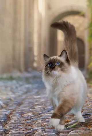 Ragdoll cat with blue eyes walking on cobblestone street
