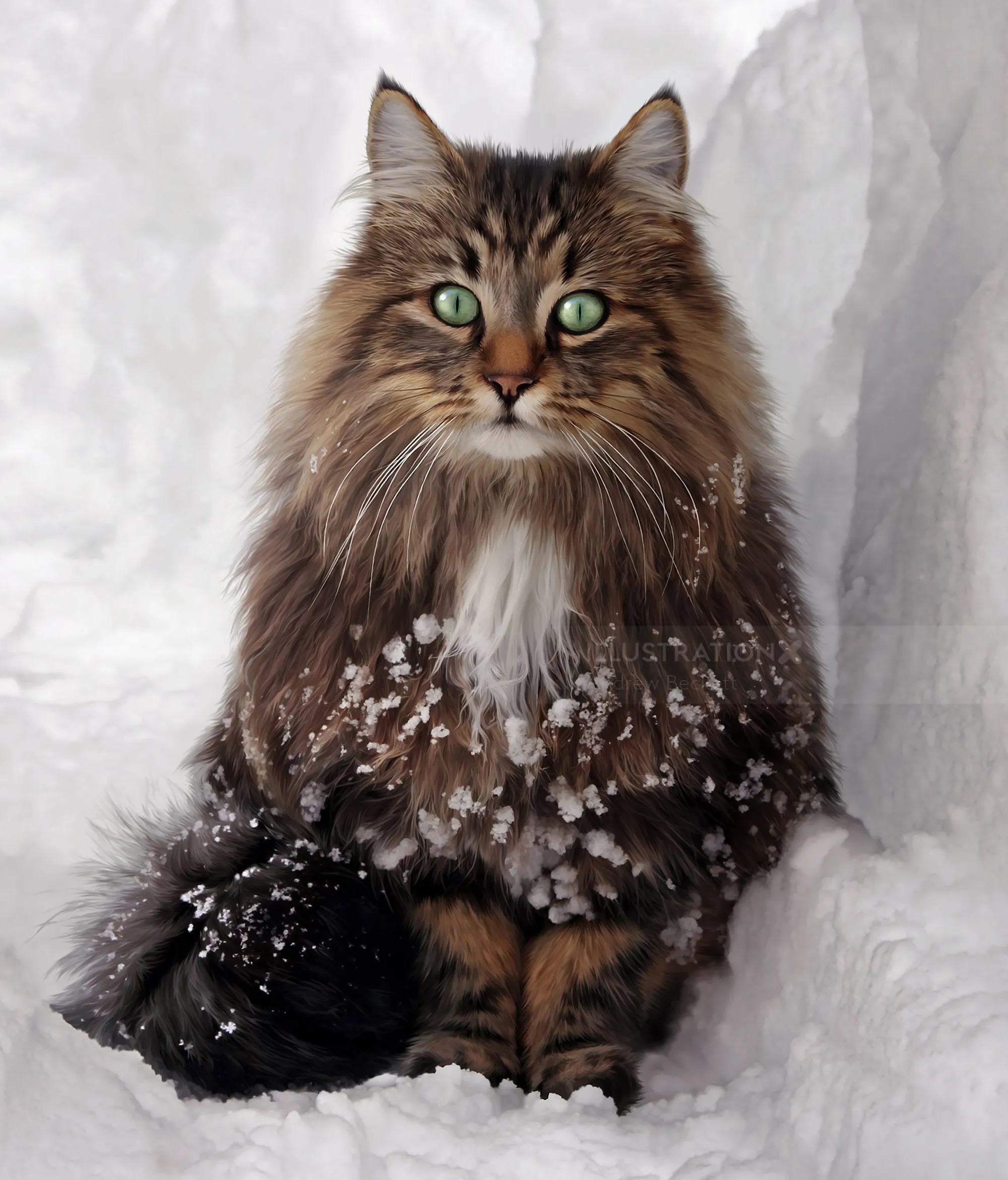 Norwegian Forest Cat sitting in snow with green eyes