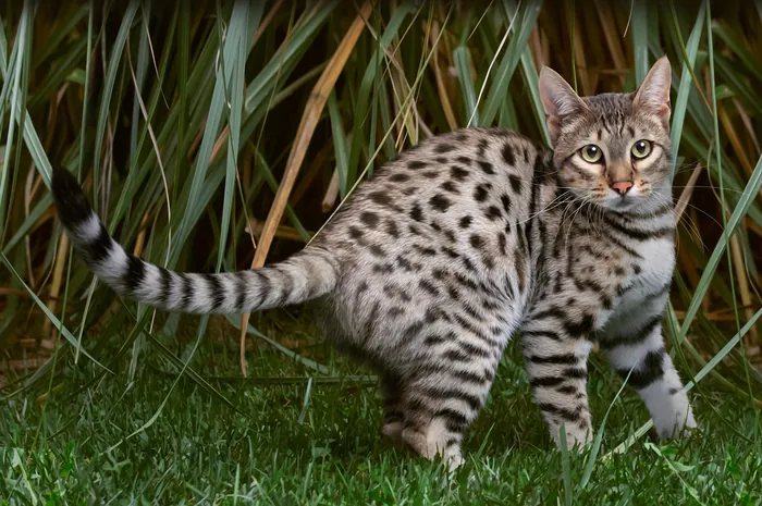 Savannah cat with spotted coat standing near tall grass