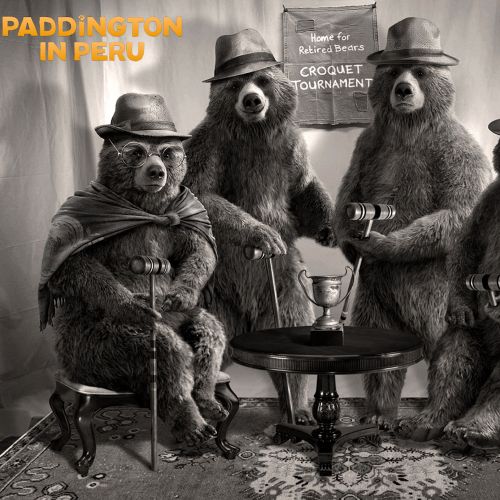 Four dressed bears playing croquet indoors with hats and coats