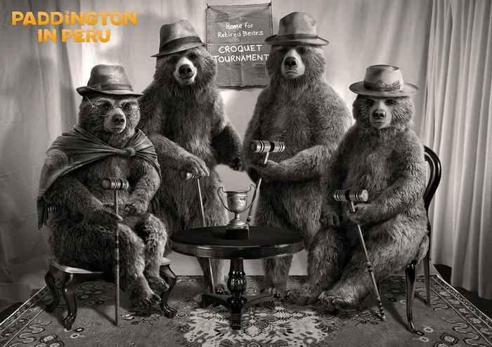 Four dressed bears playing croquet indoors with hats and coats