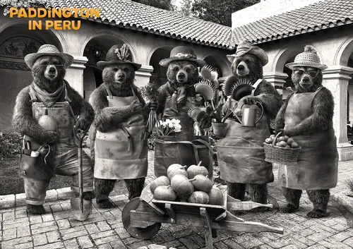 Five Paddington Bears in traditional Peruvian clothing with fruits and baskets