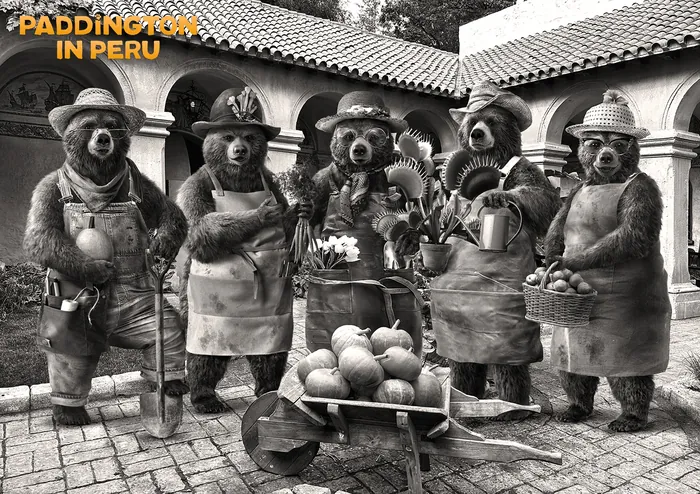 Five Paddington Bears in traditional Peruvian clothing with fruits and baskets