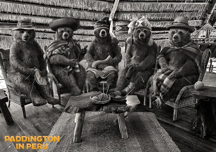 Bears in traditional Peruvian outfits sitting around a wooden table indoors.