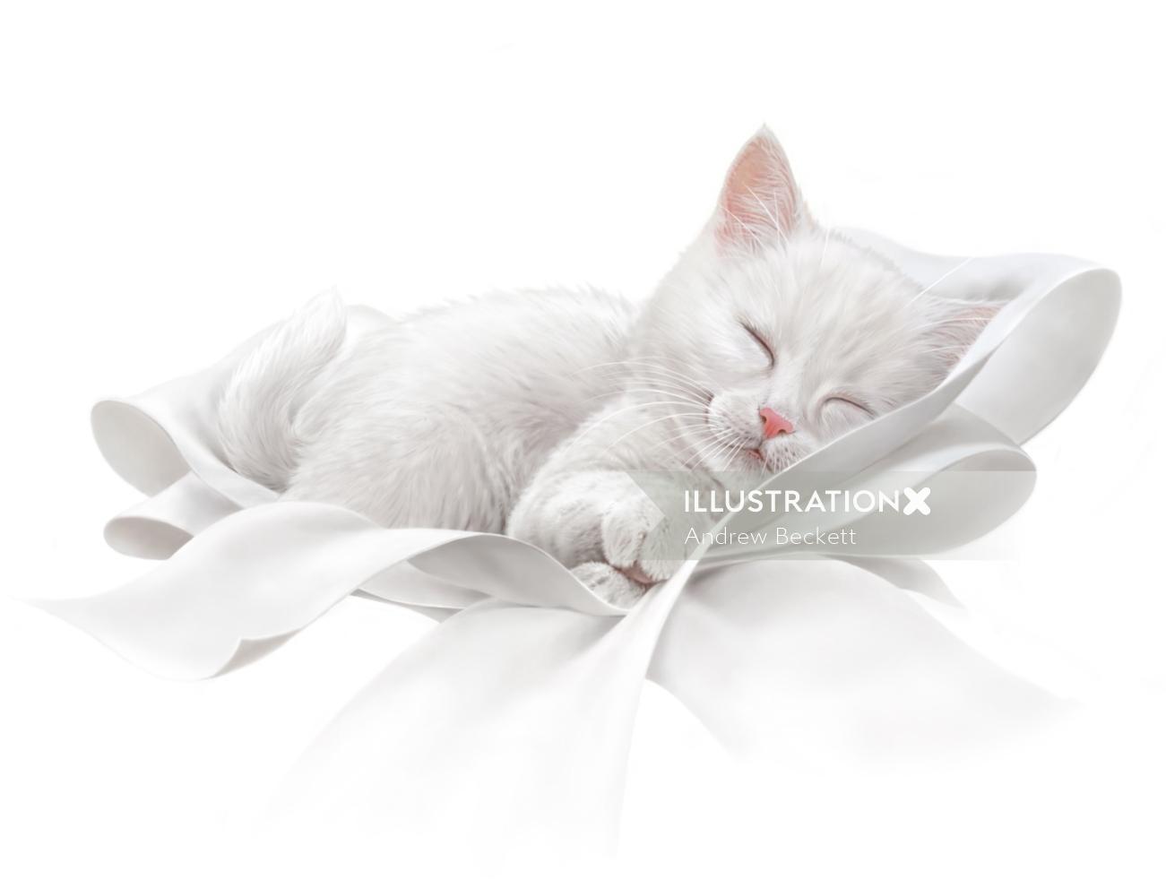 White cat illustration for Kittensoft ultra soft toilet tissue by Andrew Beckett