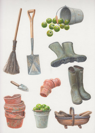 Pintura de ferramentas de jardim por ilustrador baseado no Reino Unido