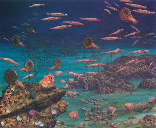 Mar profundo subaquático com várias criaturas aquáticas - pintura de Andrew Hutchinson