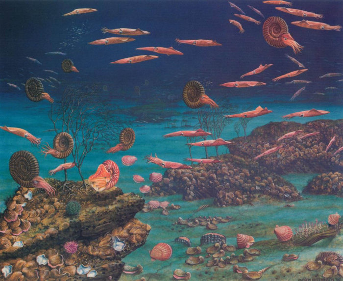 Mar profundo bajo el agua con varias criaturas acuáticas - pintura de Andrew Hutchinson