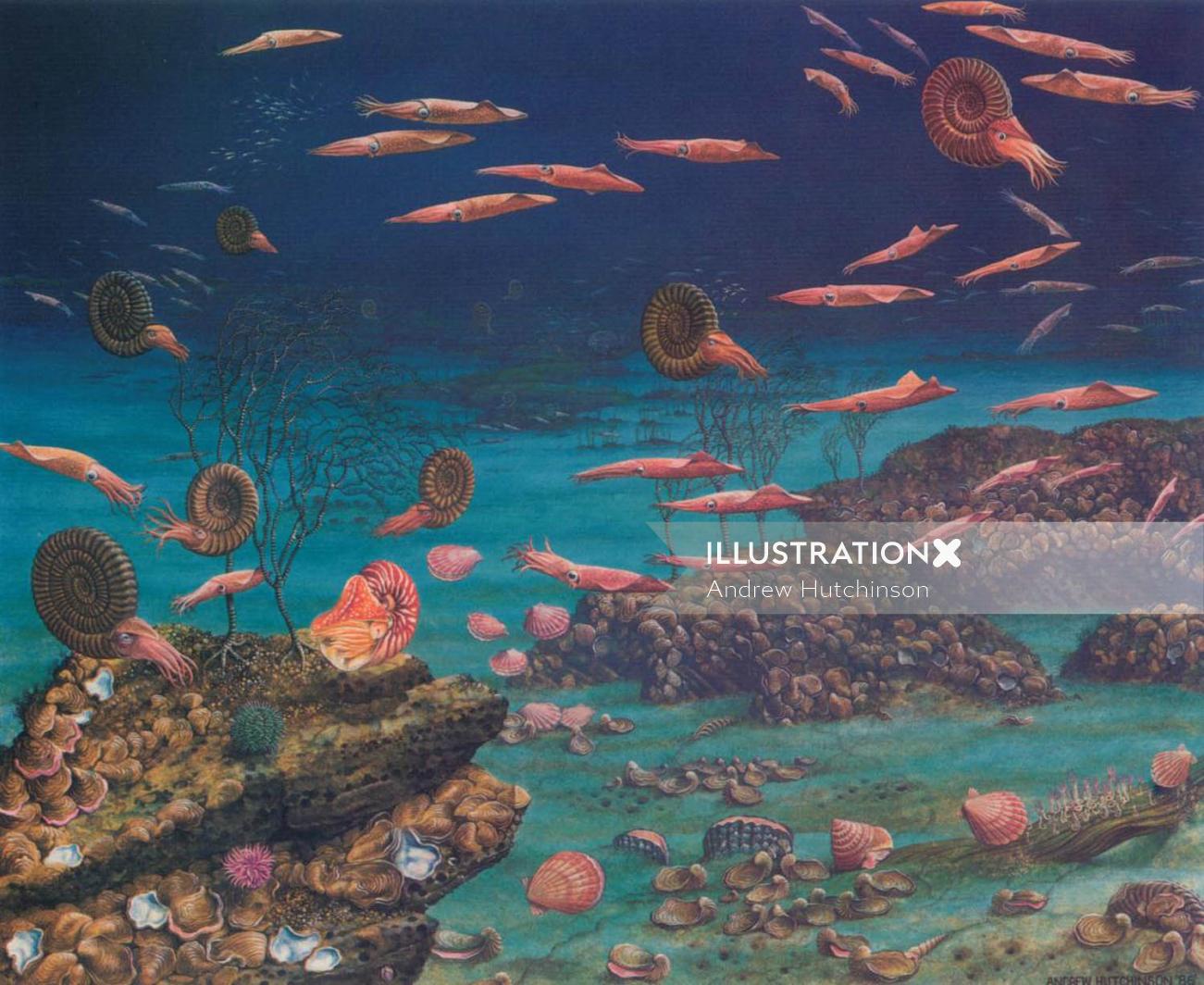 Underwater Deep Sea with various water creatures - painting by Andrew Hutchinson